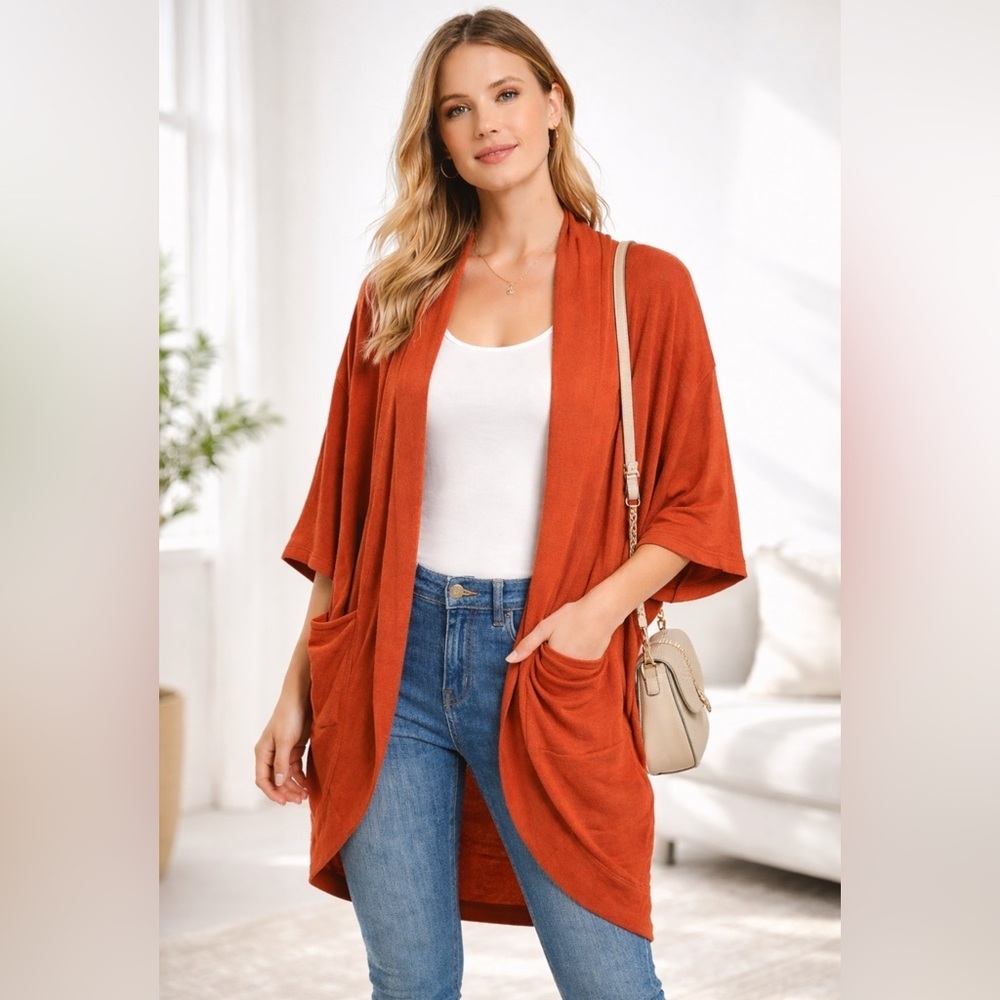Athleta Burnt Orange Cocoon Cardigan Kimono Open Front Pocket Sweater S/M